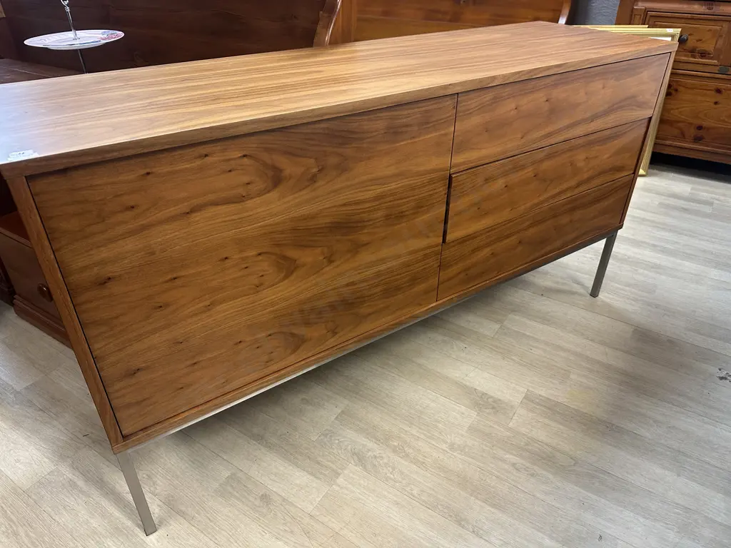Mid Century Look Wood Effect Sideboard, Self Opening Drawers & Door, Polished Legs. H75 W140 D42cm Image 1++