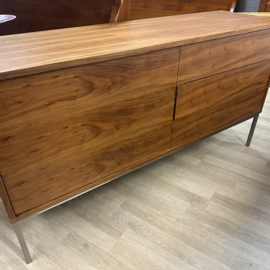 Mid Century Look Wood Effect Sideboard, Self Opening Drawers & Door, Polished Legs. H75 W140 D42cm