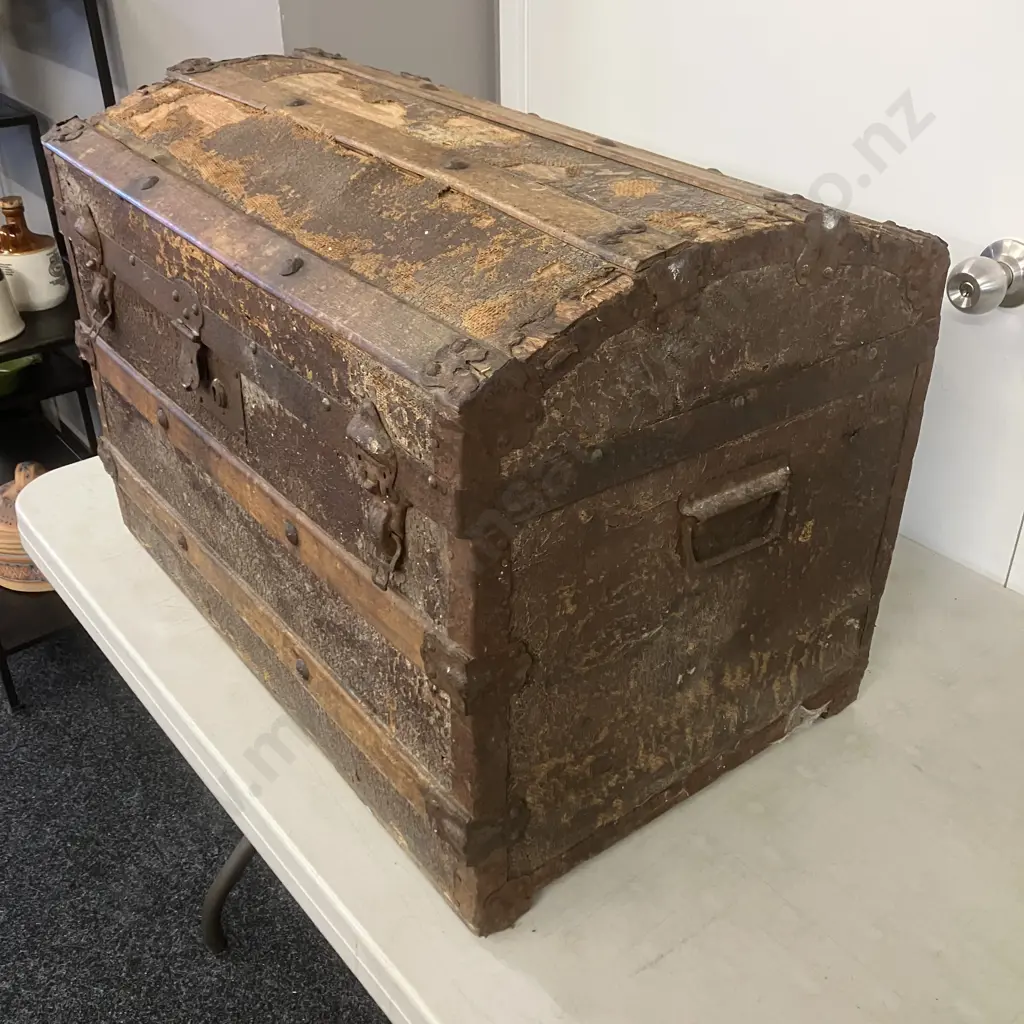 Antique Dome Top Steamer Trunk. H48 W68 D44cm (As Found Condition) Image 1++