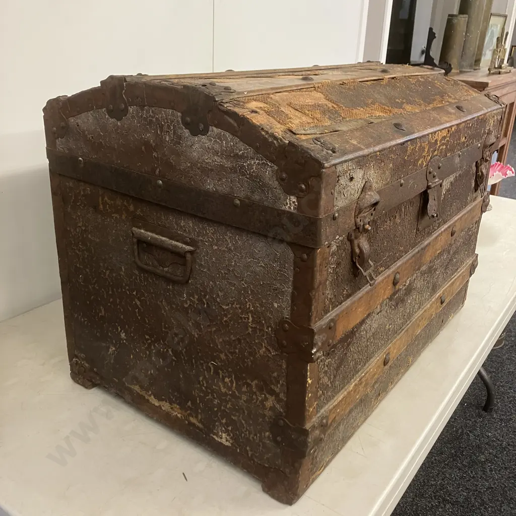 Antique Dome Top Steamer Trunk. H48 W68 D44cm (As Found Condition) Image 1++
