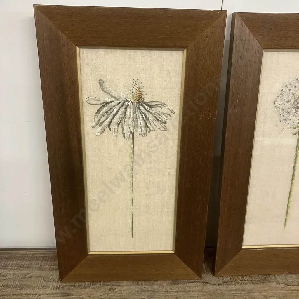 Pair of Dandelion Cross Stitches In Oak Frames. 58 x 33cm Image 1++