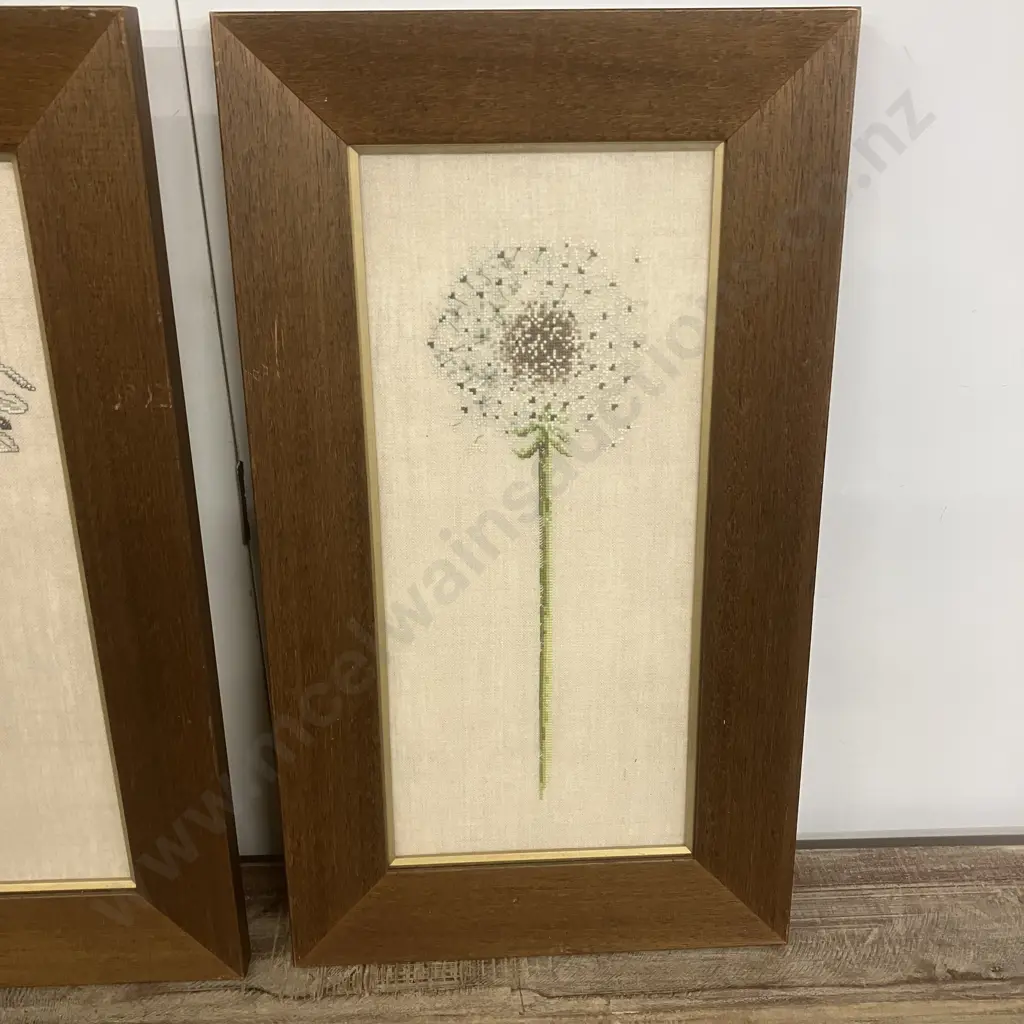 Pair of Dandelion Cross Stitches In Oak Frames. 58 x 33cm Image 1++