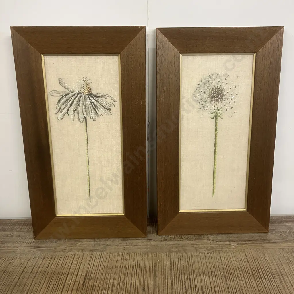 Pair of Dandelion Cross Stitches In Oak Frames. 58 x 33cm Image 1++
