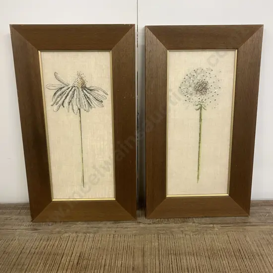 Pair of Dandelion Cross Stitches In Oak Frames. 58 x 33cm