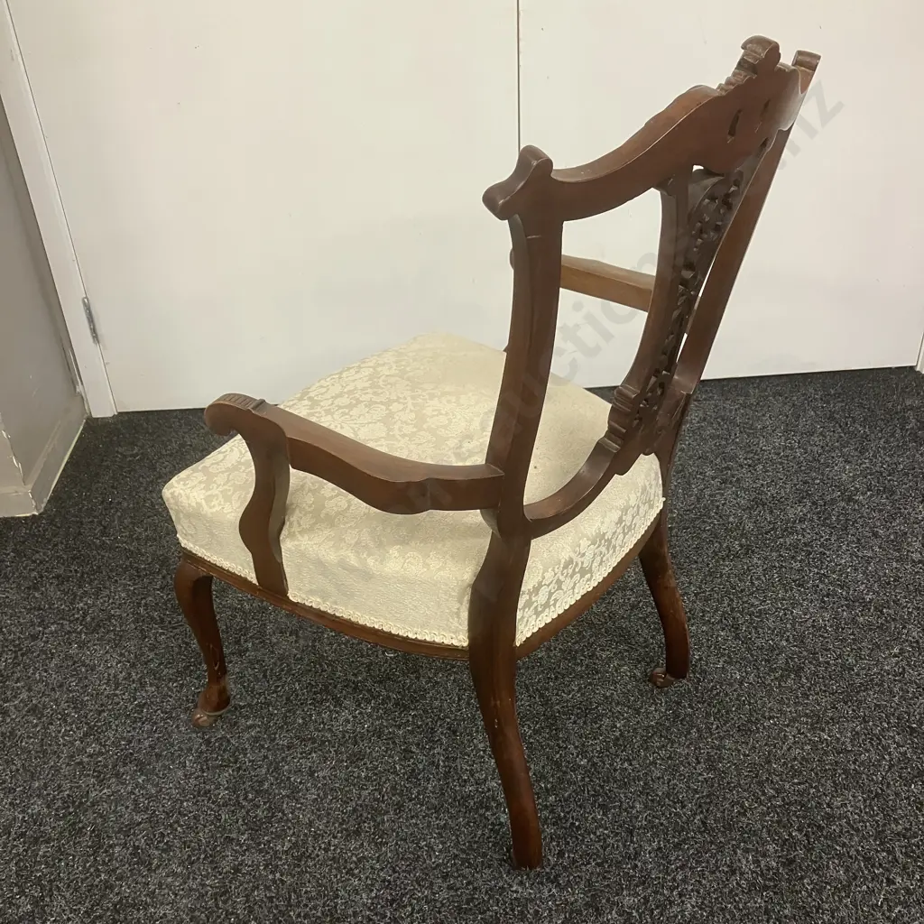 Antique Victorian Carved Mahogany Bedroom Chair, Shield Shaped Back, Floral Pale Green Seat, Ceramic Castors Image 1++