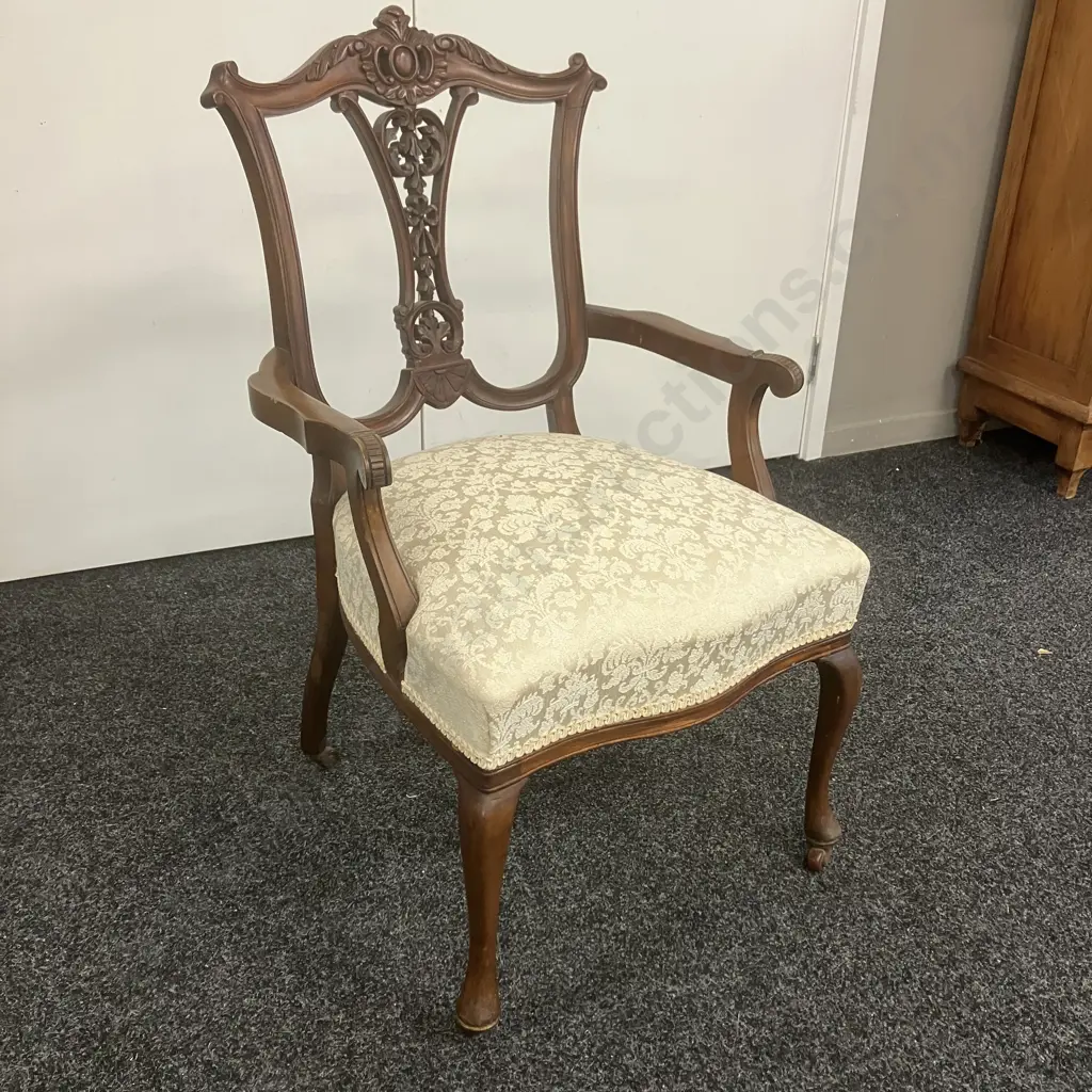 Antique Victorian Carved Mahogany Bedroom Chair, Shield Shaped Back, Floral Pale Green Seat, Ceramic Castors Image 1++