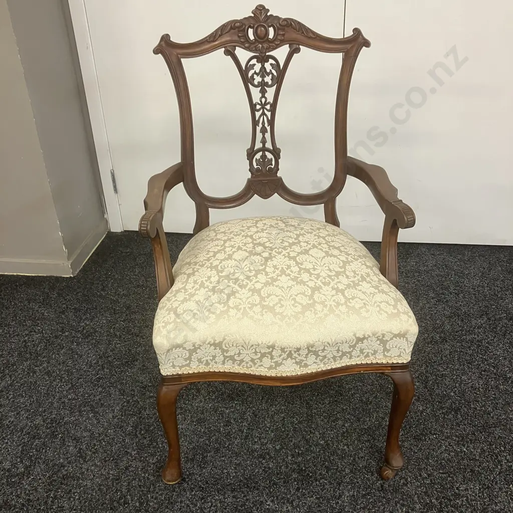 Antique Victorian Carved Mahogany Bedroom Chair, Shield Shaped Back, Floral Pale Green Seat, Ceramic Castors Image 1++