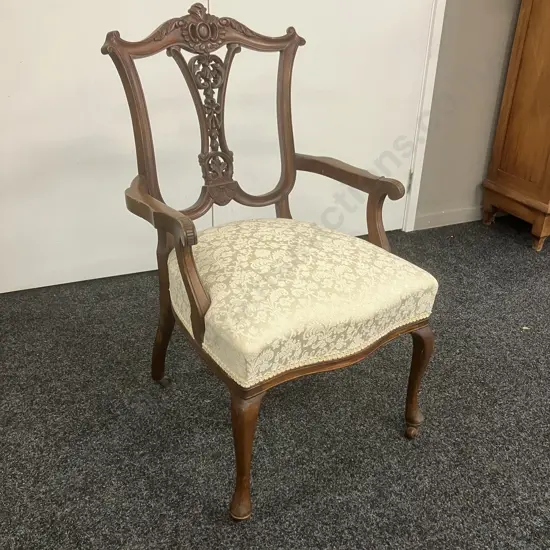 Antique Victorian Carved Mahogany Bedroom Chair, Shield Shaped Back, Floral Pale Green Seat, Ceramic Castors