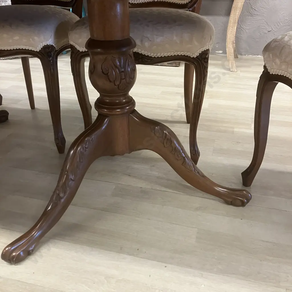 Burr Walnut Banded Mahogany Oval Table, Double Pedestal Ball In Claw With 8 x Louis XV Style Chairs Including 2 Carvers Image 1++