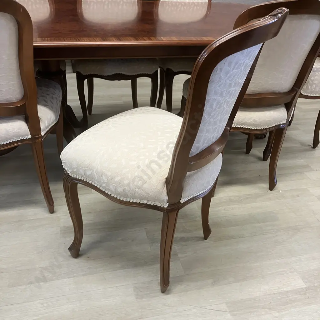 Burr Walnut Banded Mahogany Oval Table, Double Pedestal Ball In Claw With 8 x Louis XV Style Chairs Including 2 Carvers Image 1++