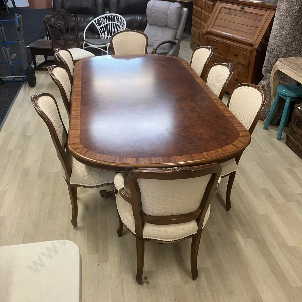 Burr Walnut Banded Mahogany Oval Table, Double Pedestal Ball In Claw With 8 x Louis XV Style Chairs Including 2 Carvers Image 1++