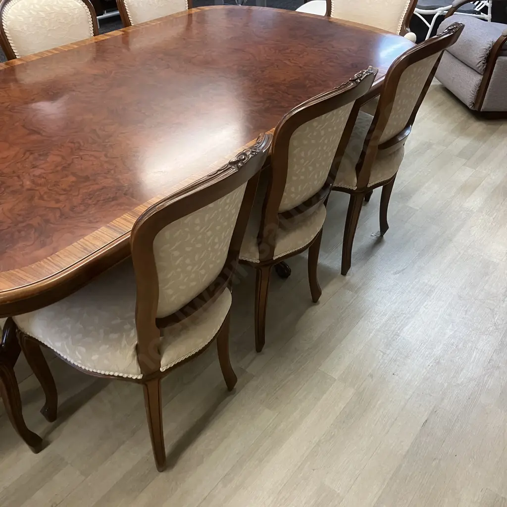 Burr Walnut Banded Mahogany Oval Table, Double Pedestal Ball In Claw With 8 x Louis XV Style Chairs Including 2 Carvers Image 1++