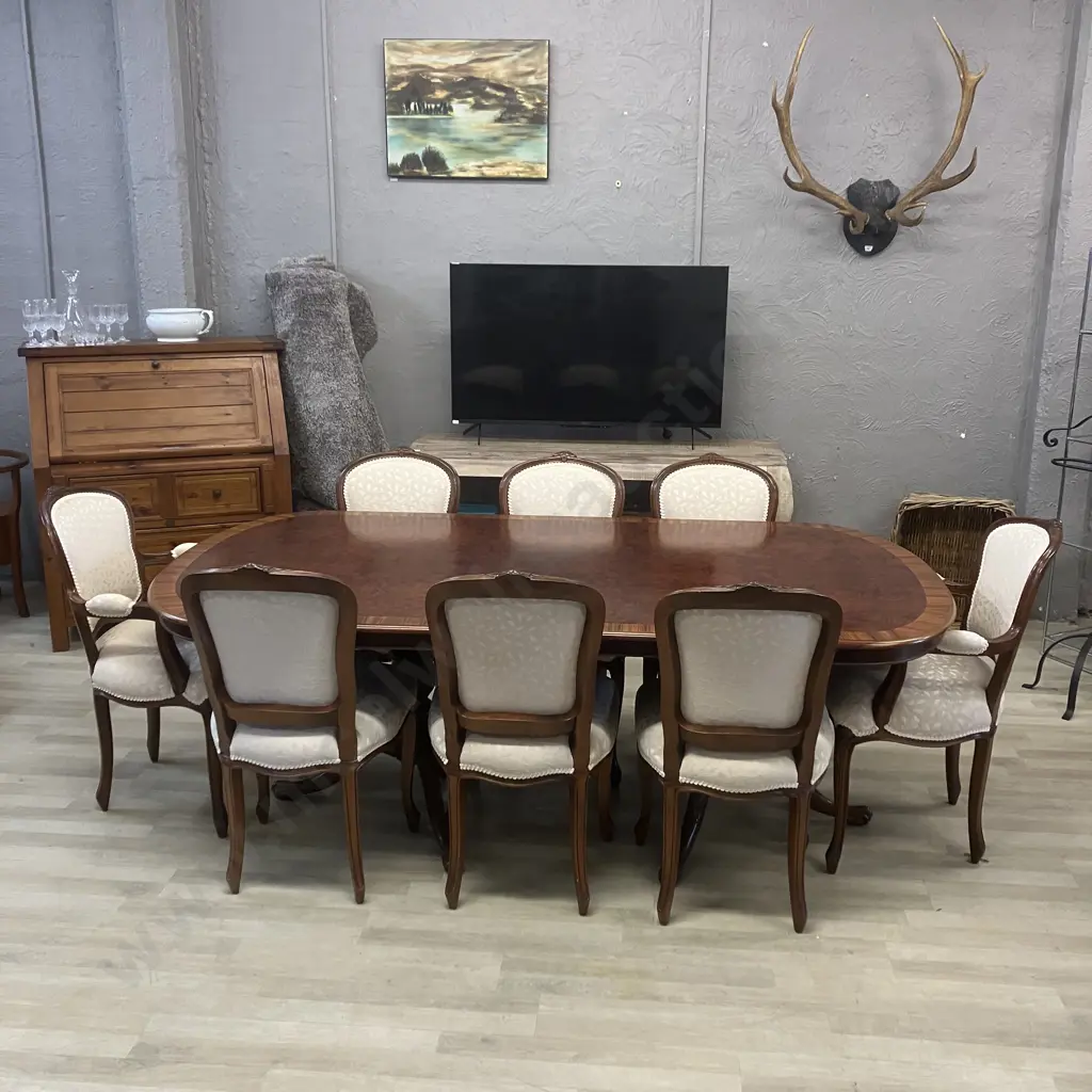 Burr Walnut Banded Mahogany Oval Table, Double Pedestal Ball In Claw With 8 x Louis XV Style Chairs Including 2 Carvers Image 1++