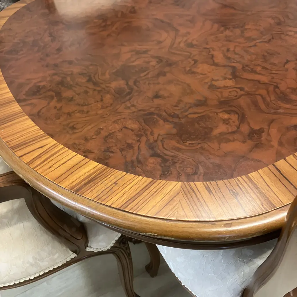 Burr Walnut Banded Mahogany Oval Table, Double Pedestal Ball In Claw With 8 x Louis XV Style Chairs Including 2 Carvers Image 1++
