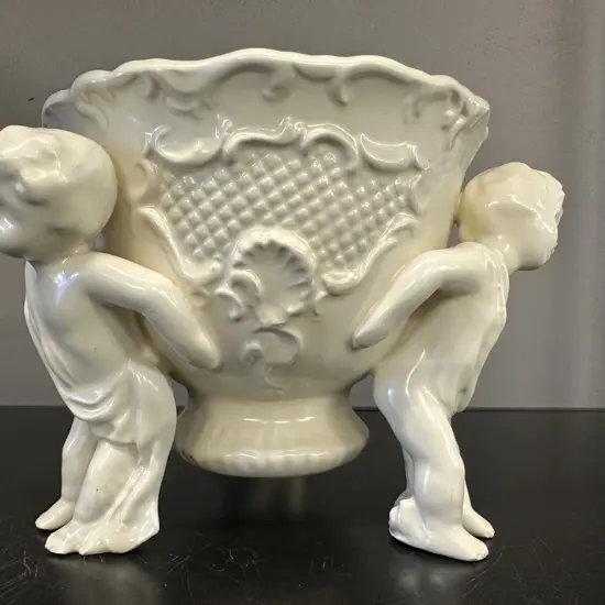 Vintage Cream Pedestal Planter Bowl Cherubs Holding #1365 H13cm.