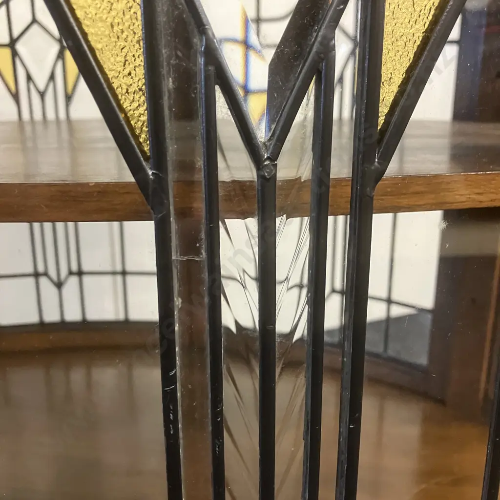 Art Deco Oak Leadlight 4 Door Oval Display Cabinet, Wooden Shelf, On Castors. H81 W89 D57cm (Has 1 x Tiny Crack In Glass Image 1++