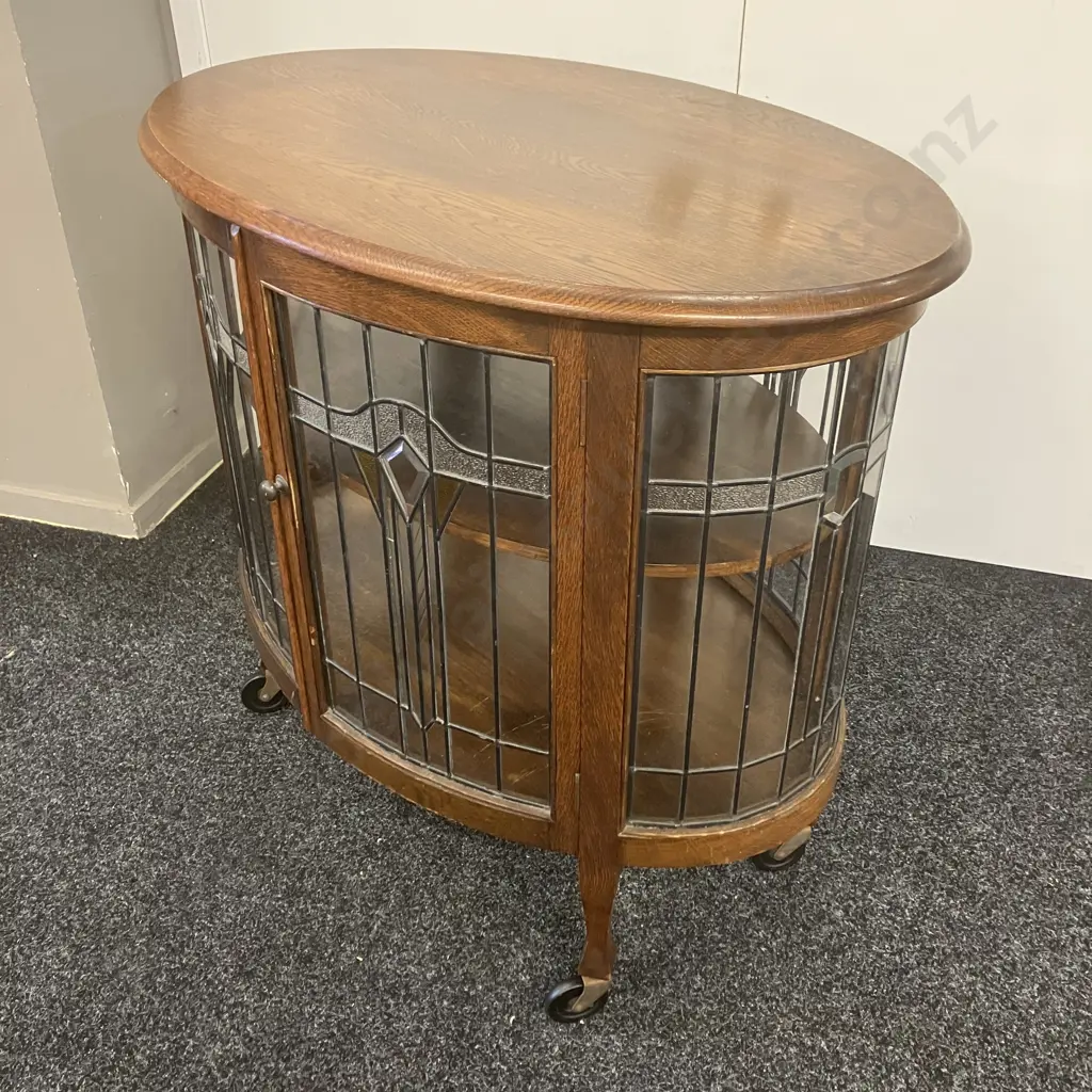 Art Deco Oak Leadlight 4 Door Oval Display Cabinet, Wooden Shelf, On Castors. H81 W89 D57cm (Has 1 x Tiny Crack In Glass Image 1++