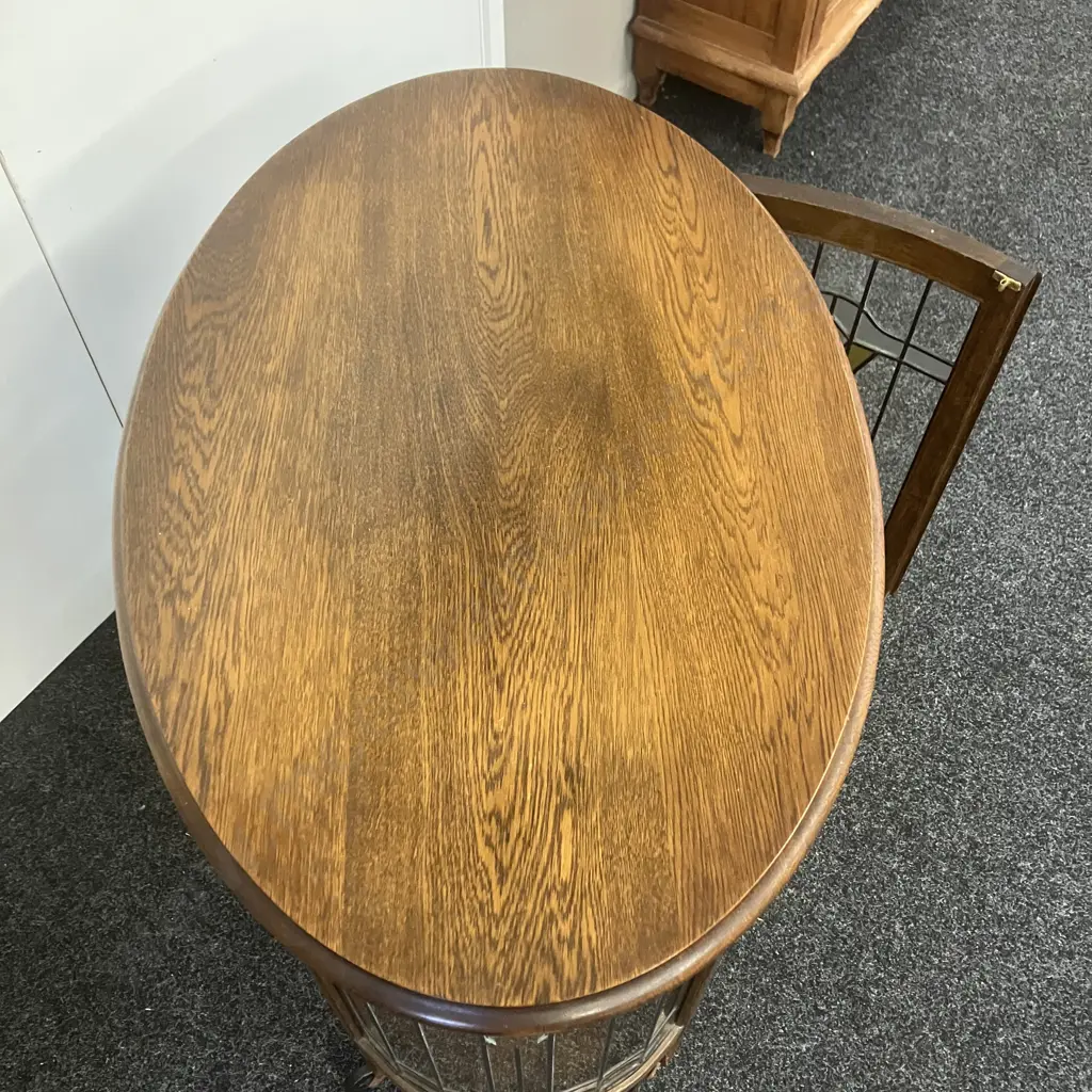 Art Deco Oak Leadlight 4 Door Oval Display Cabinet, Wooden Shelf, On Castors. H81 W89 D57cm (Has 1 x Tiny Crack In Glass Image 1++