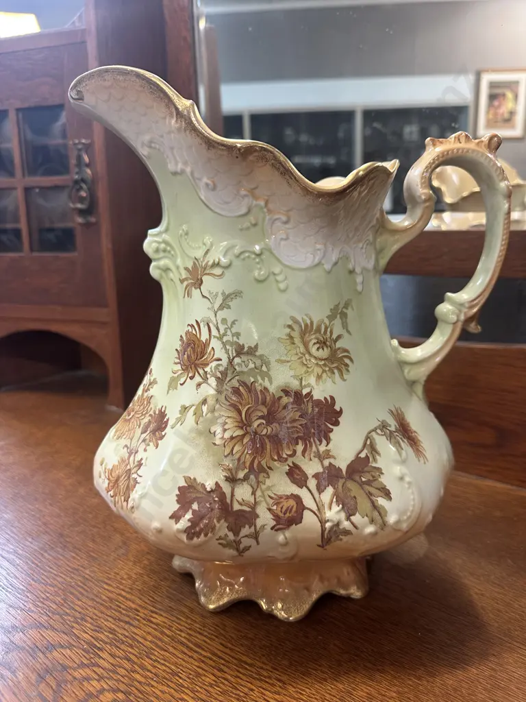 Victorian Porcelain Floral & Gilt Wash Jug & Bowl.  Chip On Jug  31cm High Image 1++