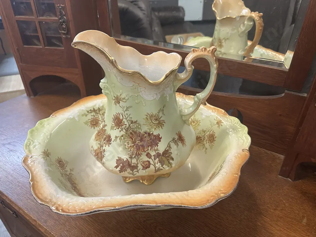 Victorian Porcelain Floral & Gilt Wash Jug & Bowl.  Chip On Jug  31cm High Image 1++