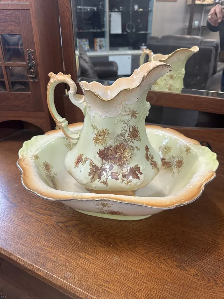 Victorian Porcelain Floral & Gilt Wash Jug & Bowl.  Chip On Jug  31cm High Image 1++