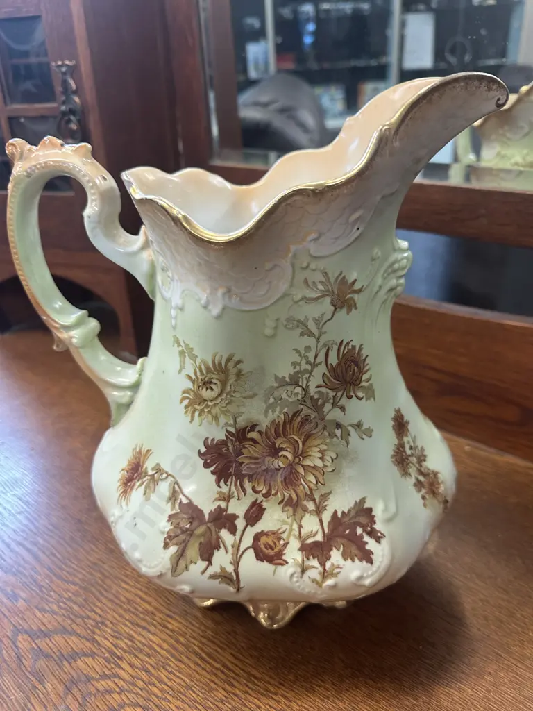 Victorian Porcelain Floral & Gilt Wash Jug & Bowl.  Chip On Jug  31cm High Image 1++
