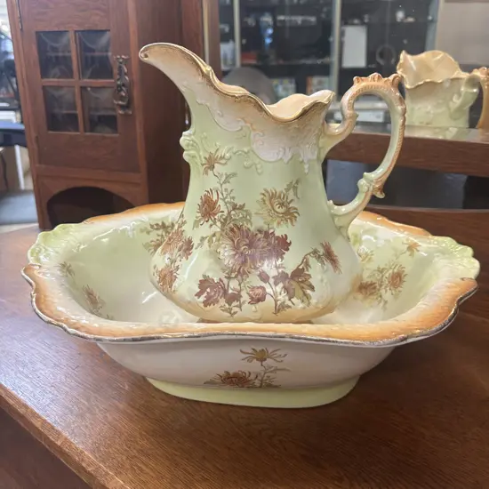 Victorian Porcelain Floral & Gilt Wash Jug & Bowl.  Chip On Jug  31cm High