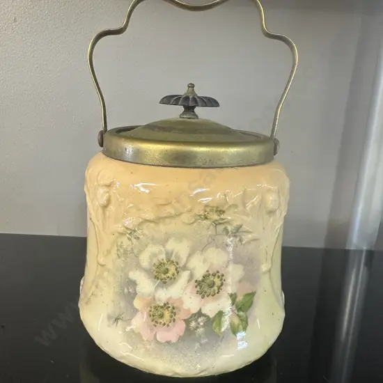 Antique Ceramic Embossed Lidded Biscuit Jar, H14cm