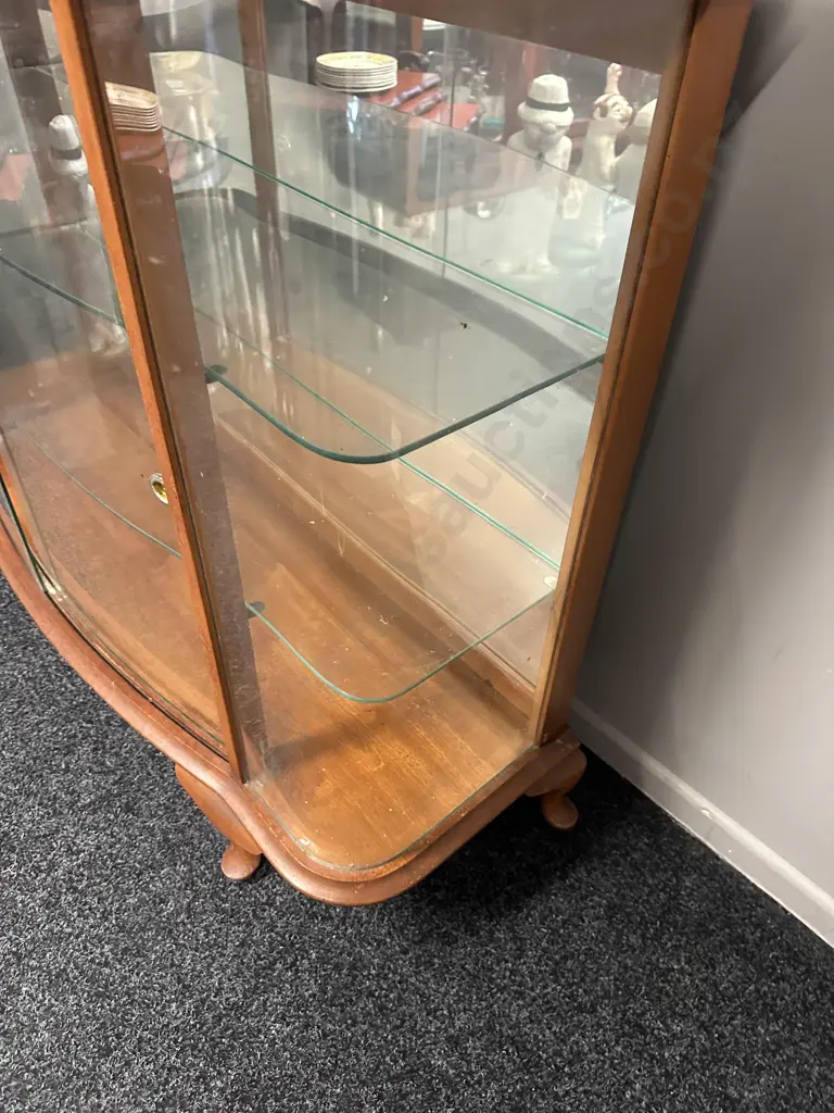 Queen Anne Style Mahogany Bow Glass Front China Display Cabinet, Mirror Back, 2 Glass Shelves, H94.5 W122 D42cm Image 1++