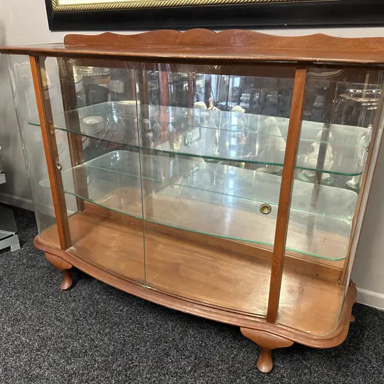 Queen Anne Style Mahogany Bow Glass Front China Display Cabinet, Mirror Back, 2 Glass Shelves, H94.5 W122 D42cm