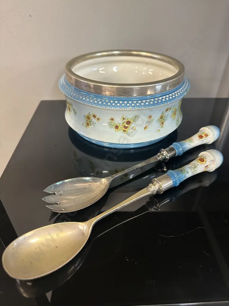 George Jones & Sons Cresent Ceramic Silver Rimmed Bowl With Servers. 11 x 21cm Image 1++