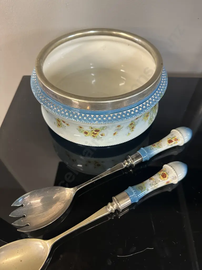 George Jones & Sons Cresent Ceramic Silver Rimmed Bowl With Servers. 11 x 21cm Image 1++