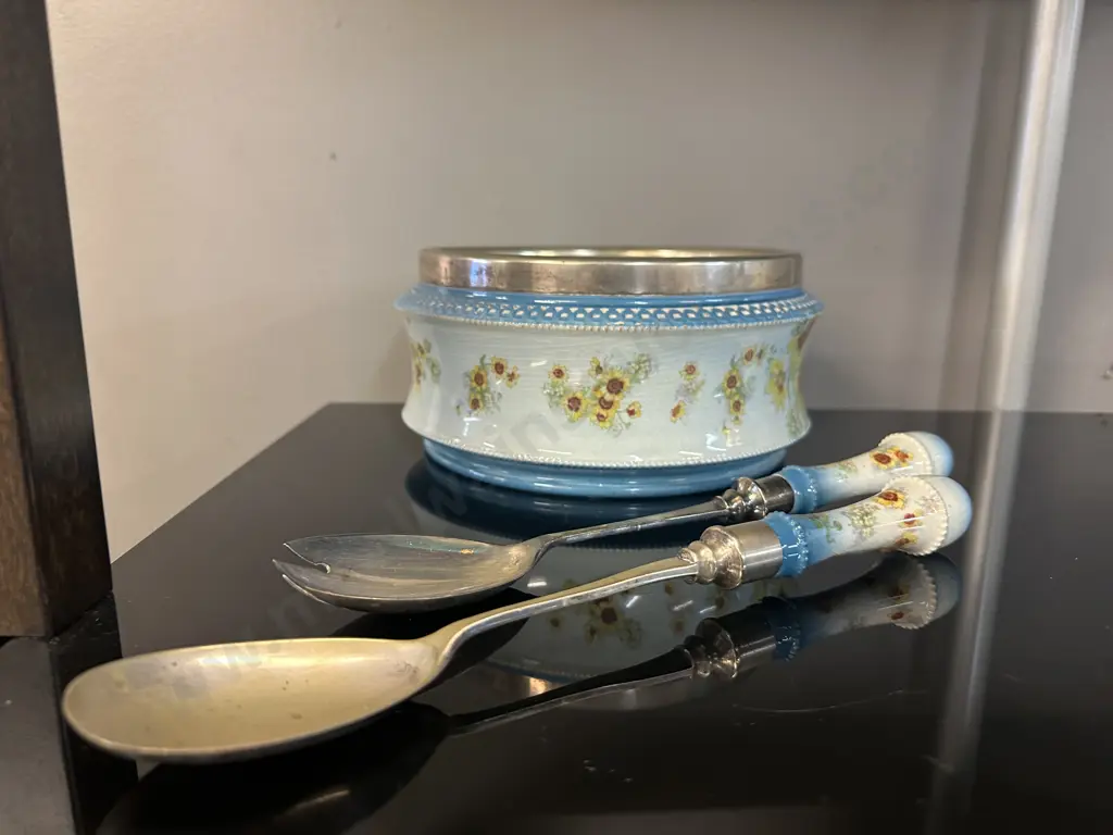 George Jones & Sons Cresent Ceramic Silver Rimmed Bowl With Servers. 11 x 21cm Image 1++