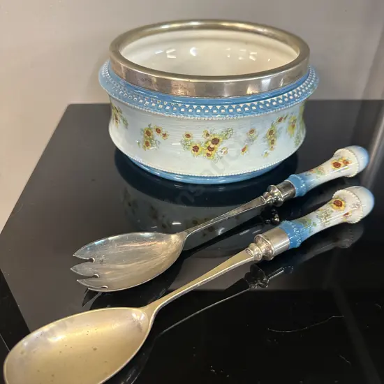 George Jones & Sons Cresent Ceramic Silver Rimmed Bowl With Servers. 11 x 21cm