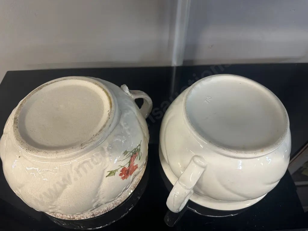 Vintage Chamber Pots x 2. 1 x Cream, 1 x Floral (As Found) Image 1++