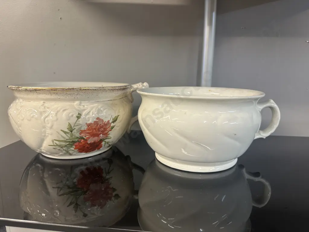 Vintage Chamber Pots x 2. 1 x Cream, 1 x Floral (As Found) Image 1++