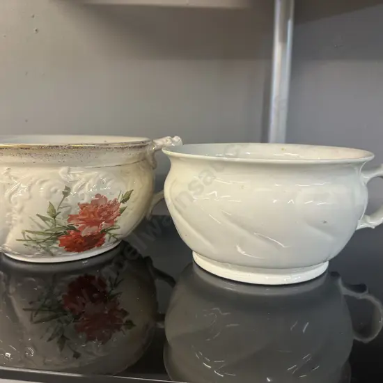 Vintage Chamber Pots x 2. 1 x Cream, 1 x Floral (As Found)