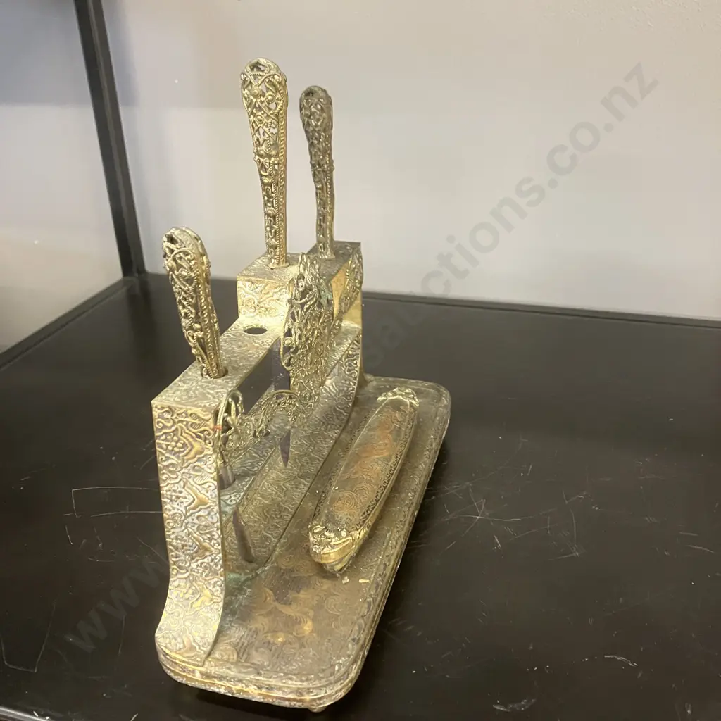 Antique Ornate Brass Manicure Set On Stand Image 1++