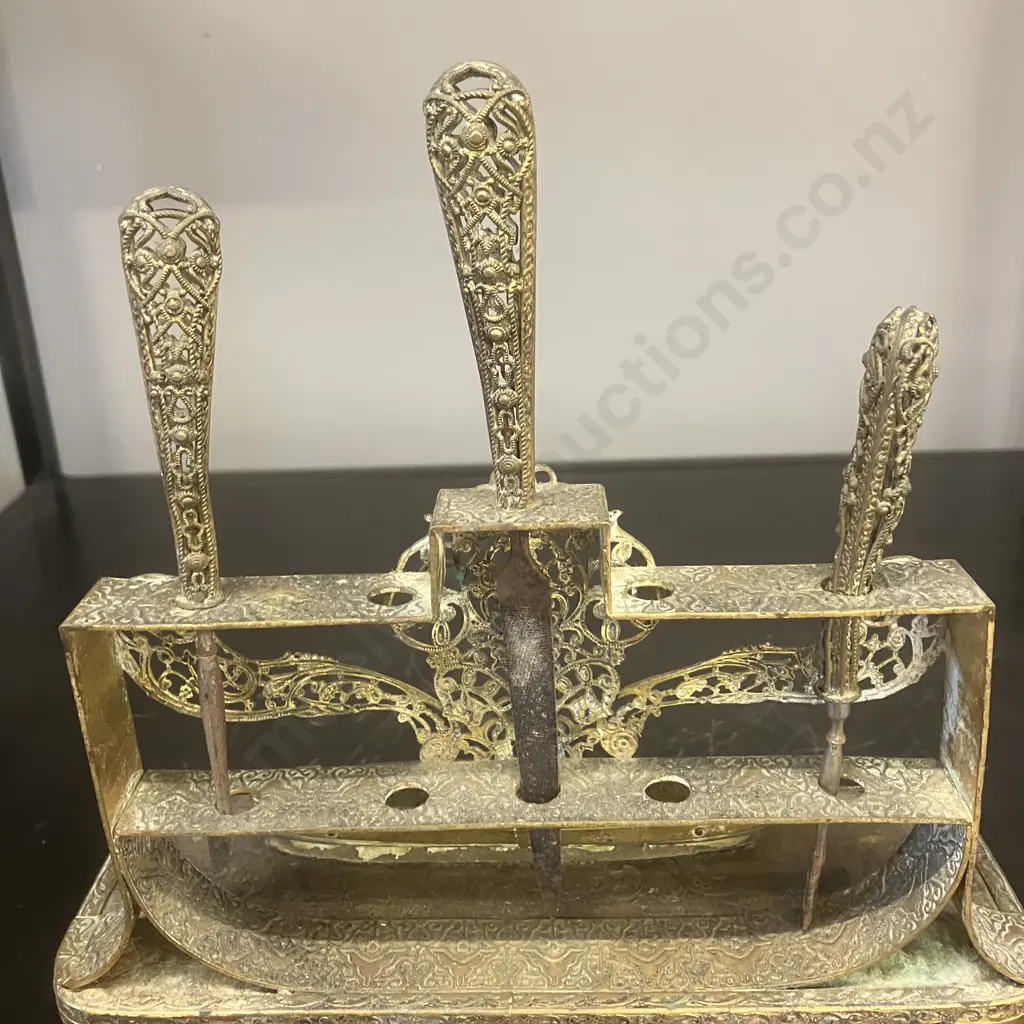 Antique Ornate Brass Manicure Set On Stand Image 1++