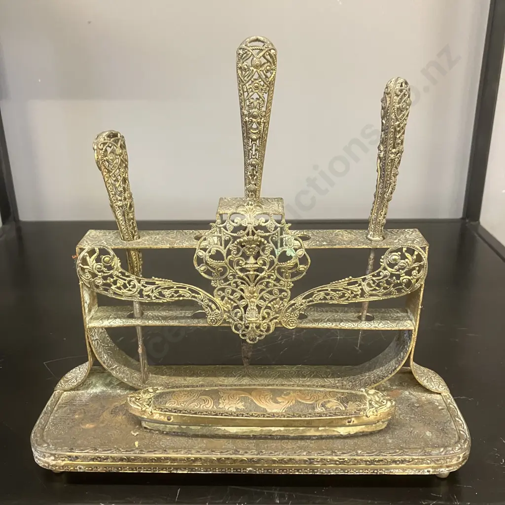 Antique Ornate Brass Manicure Set On Stand Image 1++