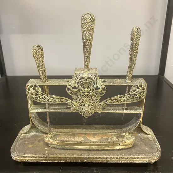 Antique Ornate Brass Manicure Set On Stand