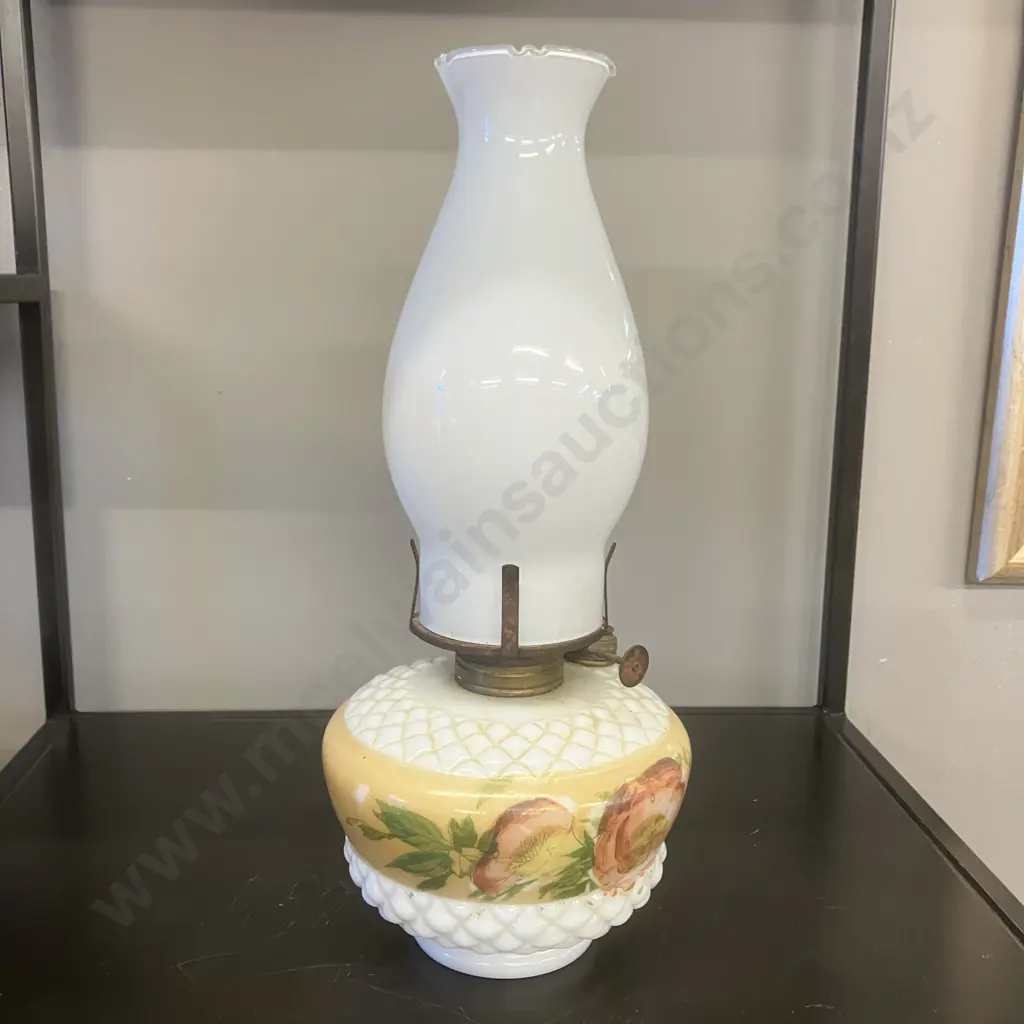 Antique Scoville NuStyle Floral Hand Painted Milk Glass And Brass Oil Lamp. H35cm Image 1++