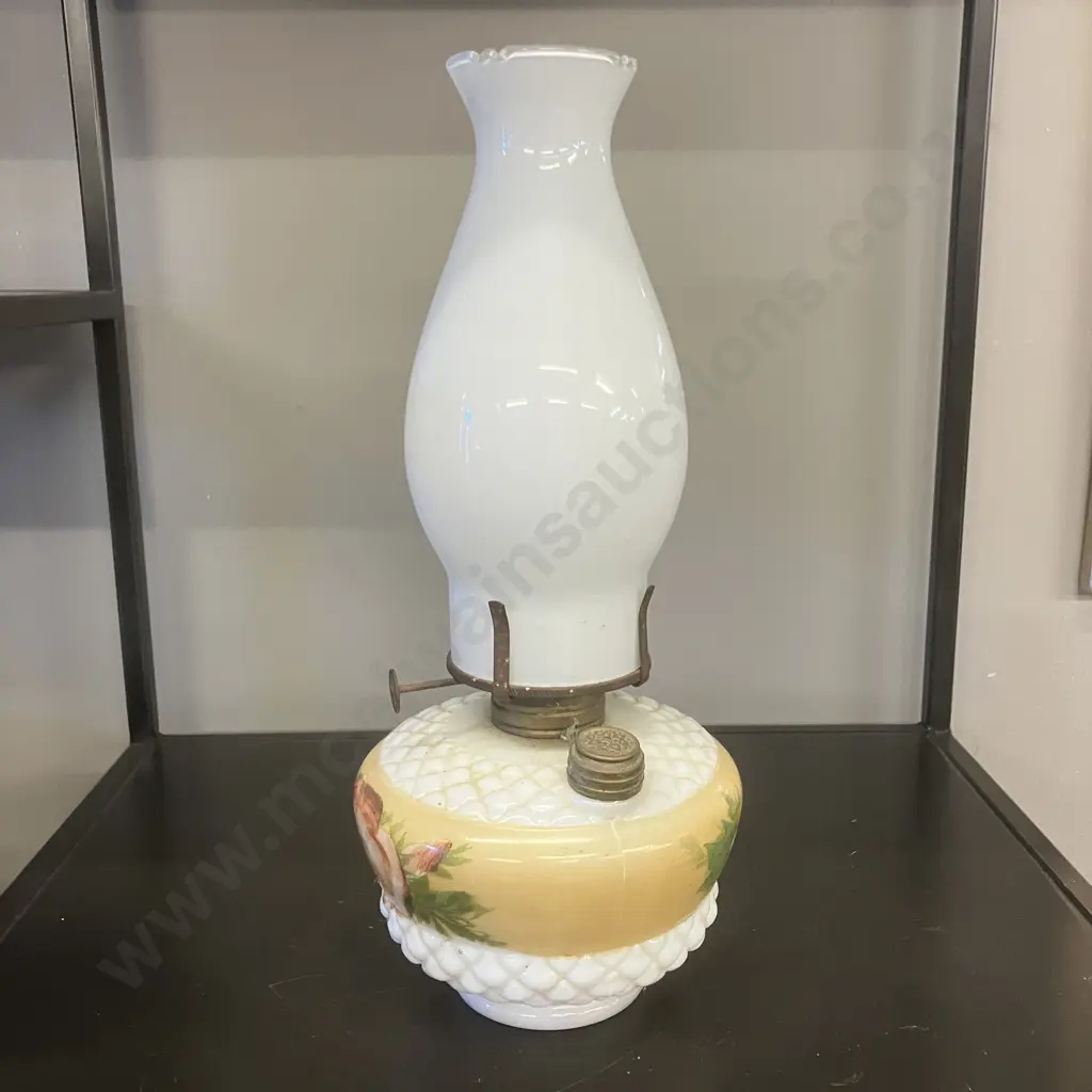 Antique Scoville NuStyle Floral Hand Painted Milk Glass And Brass Oil Lamp. H35cm Image 1++