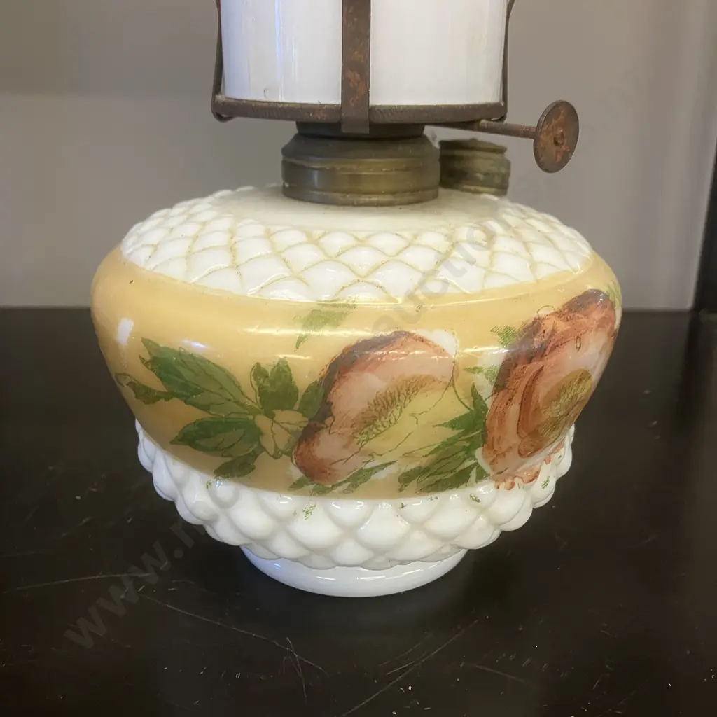 Antique Scoville NuStyle Floral Hand Painted Milk Glass And Brass Oil Lamp. H35cm Image 1++