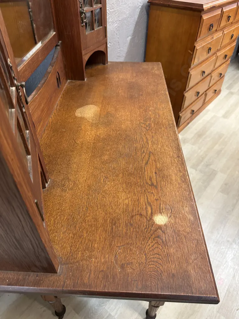 Antique Oak Arts & Craft Dressing Table, Concave Glass Panels, Original Metal Castors, 2 Door, 2 Drawer. H181 W123 D50cm Image 1++