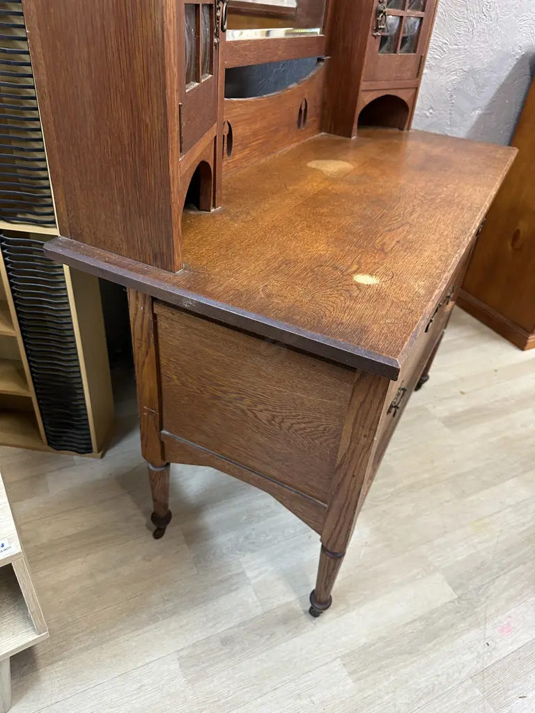 Antique Oak Arts & Craft Dressing Table, Concave Glass Panels, Original Metal Castors, 2 Door, 2 Drawer. H181 W123 D50cm Image 1++