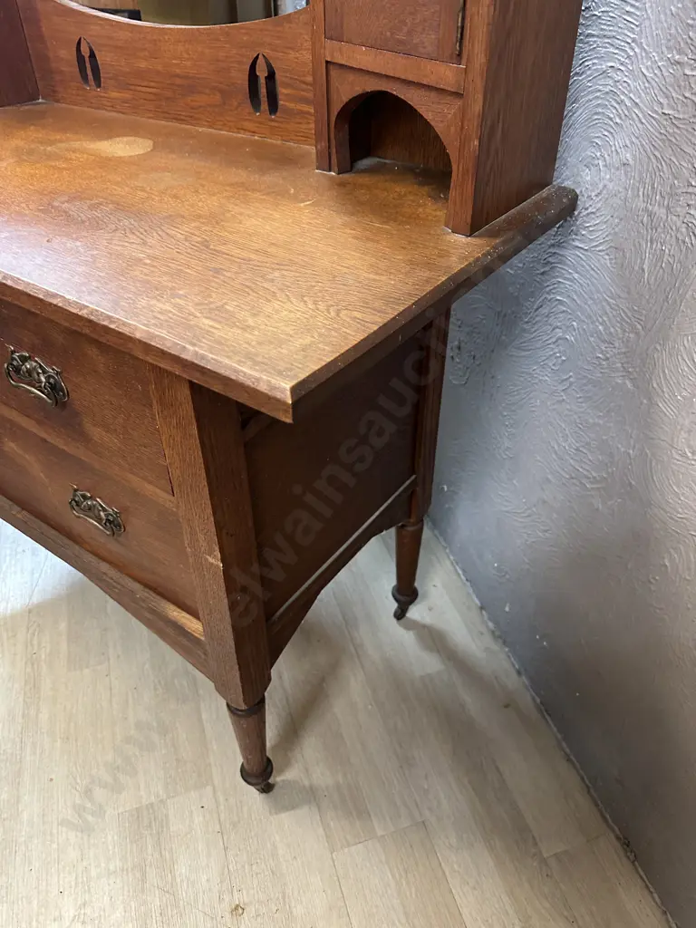 Antique Oak Arts & Craft Dressing Table, Concave Glass Panels, Original Metal Castors, 2 Door, 2 Drawer. H181 W123 D50cm Image 1++