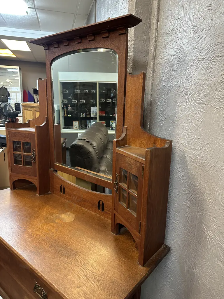 Antique Oak Arts & Craft Dressing Table, Concave Glass Panels, Original Metal Castors, 2 Door, 2 Drawer. H181 W123 D50cm Image 1++