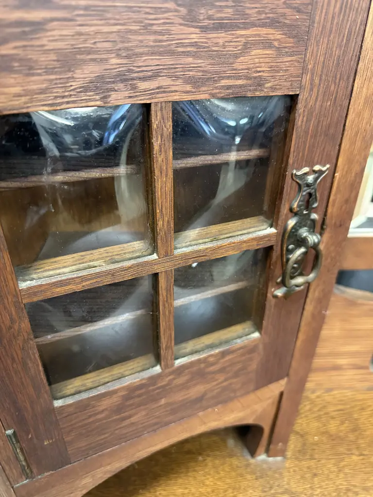 Antique Oak Arts & Craft Dressing Table, Concave Glass Panels, Original Metal Castors, 2 Door, 2 Drawer. H181 W123 D50cm Image 1++