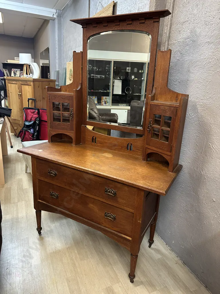 Antique Oak Arts & Craft Dressing Table, Concave Glass Panels, Original Metal Castors, 2 Door, 2 Drawer. H181 W123 D50cm Image 1++